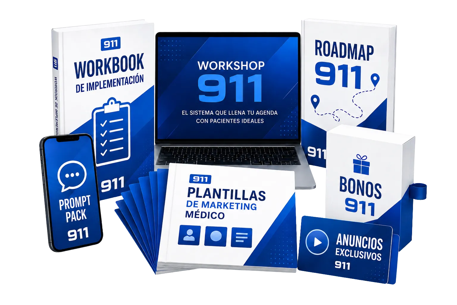 Materiales incluidos del Workshop 911: workbook de implementación, roadmap, plantillas de marketing médico, prompt pack, bonos y anuncios exclusivos.